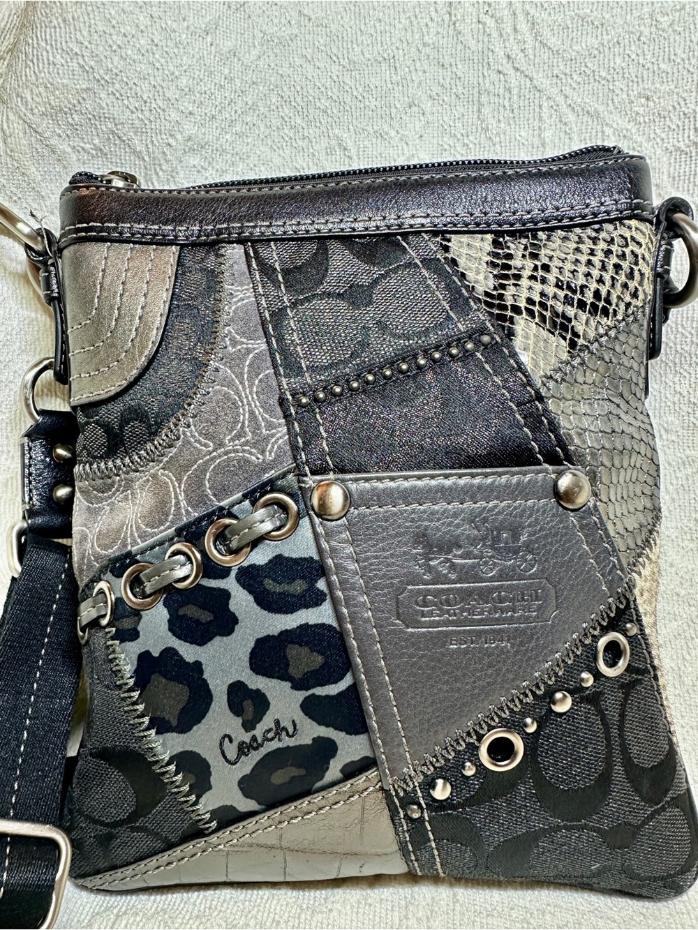 Coach Patchwork Crossbody Bag in Black, Gray and Silver Tones